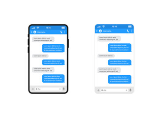 Chat templates, message, phone and speech bubble blue colour in flat style. Social media design concept. Sms template bubbles for compose dialogues. Smart Phone with messenger chat screen.