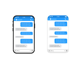 Fototapeta premium Chat templates, message, phone and speech bubble blue colour in flat style. Social media design concept. Sms template bubbles for compose dialogues. Smart Phone with messenger chat screen.