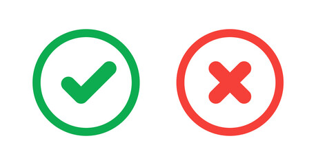 Green check mark and red cross icon.Set of simple icons in flat style: Yes/No, Approved/Disapproved, Accepted/Rejected, Right/Wrong, Correct/False, Green/Red, Ok/Not Ok. Vector illustration - obrazy, fototapety, plakaty