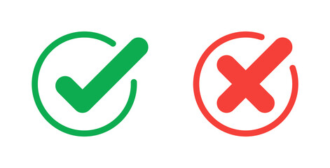 Green check mark and red cross icon.Set of simple icons in flat style: Yes/No, Approved/Disapproved, Accepted/Rejected, Right/Wrong, Correct/False, Green/Red, Ok/Not Ok. Vector illustration