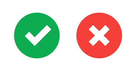 Green check mark and red cross icon.Set of simple icons in flat style: Yes/No, Approved/Disapproved, Accepted/Rejected, Right/Wrong, Correct/False, Green/Red, Ok/Not Ok. Vector illustration - obrazy, fototapety, plakaty