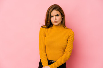 Young skinny caucasian teenager girl sad, serious face, feeling miserable and displeased.