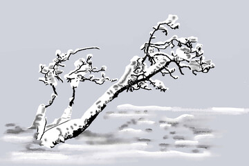 albero solitario carico di neve sotto la nevicata in inverno