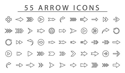 Fifty five Arrow vector icon set in thin line style.Collection vector arrows icon set for media controls and pointers collection on white background. Vector illustration