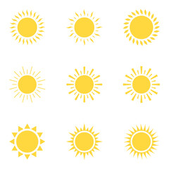 Sun icon yellow set isolated on white background. Sun icons collection. Star simple flat logo icon. Trendy vector summer icon for website design, mobile app. Vector illustration