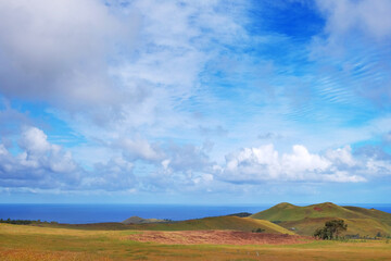 Panoramic view from the slopes of the Terevaka Volcano on Easter Island, showing green vegetation and the ocean against a blue sky.