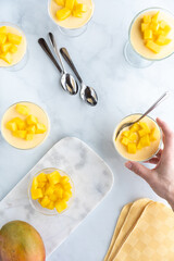 A top down view of glass dessert dishes filled with mango mousse and topped with diced mangos.