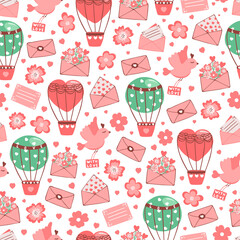 Hand drawn seamless pattern of flowers, leaves, hot air balloons, hearts, envelopes, leaflet. Illustration for design Valentine's day or Birthday card, invitation, wallpaper, wrapping paper, baby room