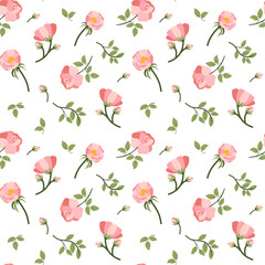 Rose bud and green leaf seamless pattern for fabric design. Beautiful pink rose blossom. Decorative print. Trendy floral illustartion.
