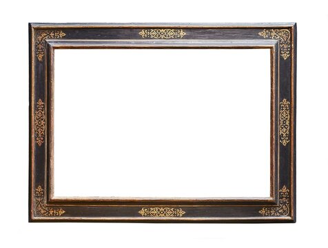 Empty dark decorated picture frame on white background