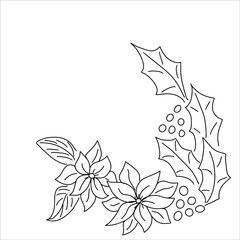 Holy ilex aquifolium hand drawn Christmas tree plant branch New Year or Easter element. Black white background holly berry xmas illustration. Floral flower outline greeting card design.
