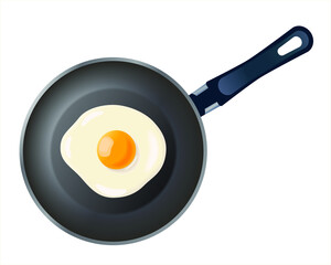 Pan with fried egg isolated on white background. Cooking foods. Cooked omelet. Cooking lunch, dinner, breakfast. Scrambled eggs. Metallic utensil for frying. Cook tools. Eggs Omelette.Top view. EPS 10
