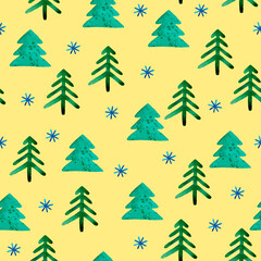 Christmas tree pattern on yellow background, watercolor