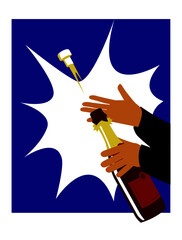 Holiday. Celebration. Bang! We open a bottle of sparkling wine. Vector image for illustrations.