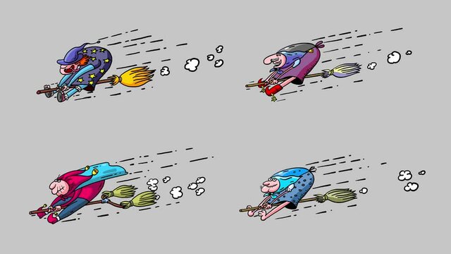 Four witches on broom flying. Cartoon crazy doodle characters. Seamless loop, alpha channel.