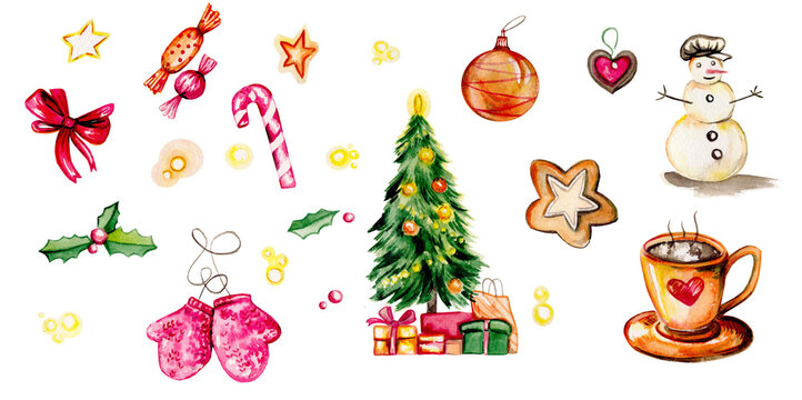 New year set with traditional elements (cookie, gifts, stars, winter clothes, christmas tree, candy) isolated on white background. Watercolor illustration. Isolater pictures