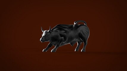 Black metall ceramic bull statue 3d model render image isolated on dark red cherry background