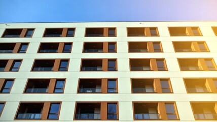 Apartment residential house and home facade architecture and outdoor facilities. Blue sky on the background. Sunlight