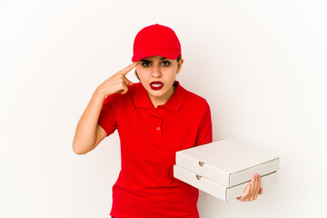 Young skinny arab pizza delivery girl feels proud and self confident, example to follow.