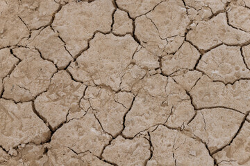 top view of a dried-up riverbed in southern Ethiopia where the ground is cracked and grass is trying to grow