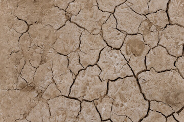 top view of a dried-up riverbed in southern Ethiopia where the ground is cracked and grass is trying to grow