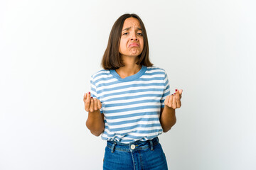 Young mixed race woman showing that she has no money.