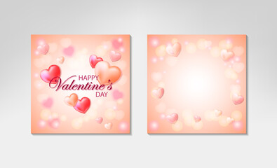 Fototapeta premium Valentines Day square two side greeting card. Romantic designs with realistic hearts on pink background. Place for text