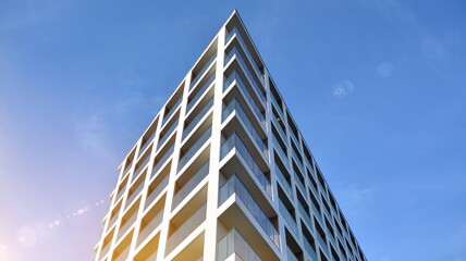 Apartment residential house and home facade architecture and outdoor facilities. Blue sky on the background. Sunlight