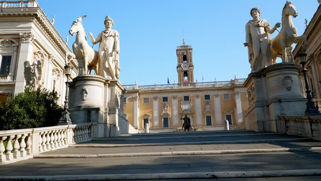  the stairs leading to capitoline hill in the city center of Rome, capital of Italy.