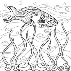 Page of the coloring book. Hand-drawn fish with seaweed and seashells. Vector isolated illustration
