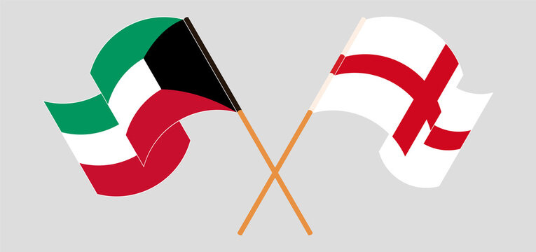Crossed and waving flags of Kuwait and England