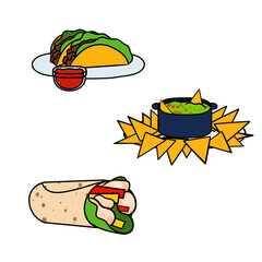 Mexican traditional food set with burrito, tacos, nachos. Vector illustration. Illustration isolated on white background.
