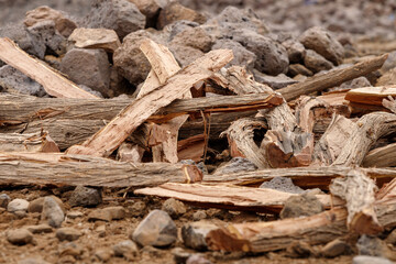 many pieces of wood stacked in a pile to form an interesting pattern