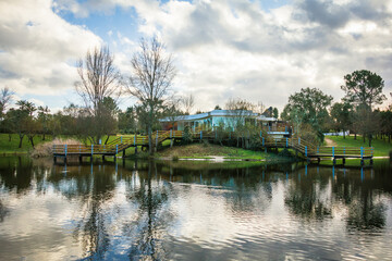 Beautiful lake in the park. Butterfly park in Constancia, Portugal.