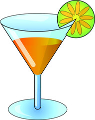 Illustration of a glass cup with a orange cocktail or fruit juice inside and a lemon slide on it. Transparent background.
