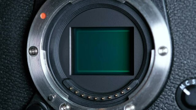 Close up view of camera sensor shutter motion mechanism,mirrorless technology system