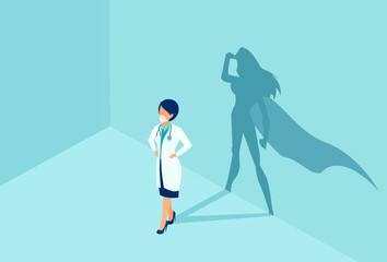 Vector of a confident female nurse or doctor with a superhero shadow on the wall.