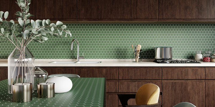 Mosaic backsplash in kitchen. 3d rendering. Modern interior. Classic style.