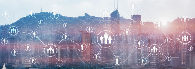 HR Recruitment Structure Global Outsourcing Social network communication concept. Modern City view panoramic website header banner double exposure.
