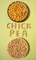 Chickpeas in small brown ceramic plate bowl isolated on a green olive background.