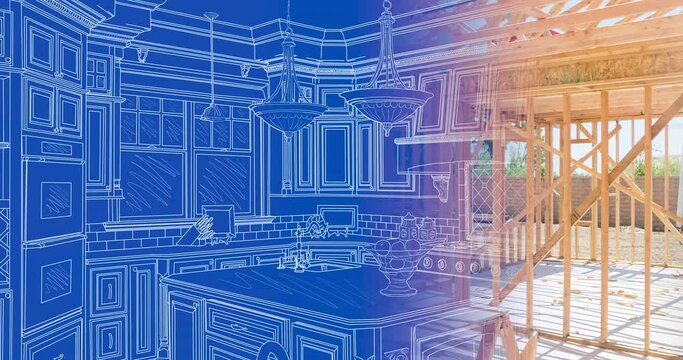 4K Wood Custom Kitchen Blueprint Drawing Transitioning to Construction Framing to Completed Build.