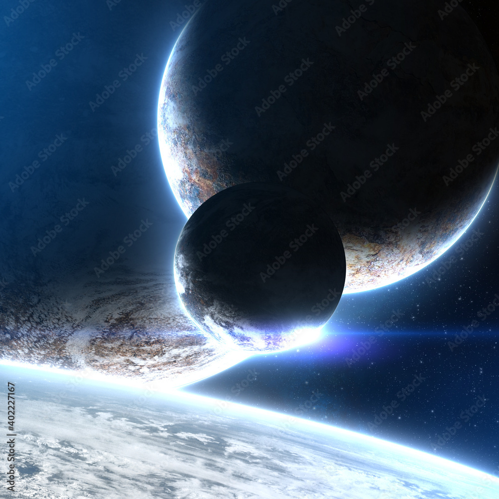 Wall mural three planets orbiting each other in deep space cosmos web with bright atmosphere with blue glow and