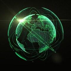 Warm green hologram futuristic digital Earth planet hologram with extra double rings and glow digital globe world made of a number of dots