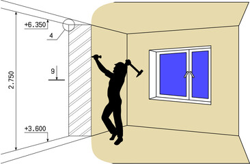Construction and architectural project vector illustration. A room with a window and a silhouette of the builder during the renovation.
