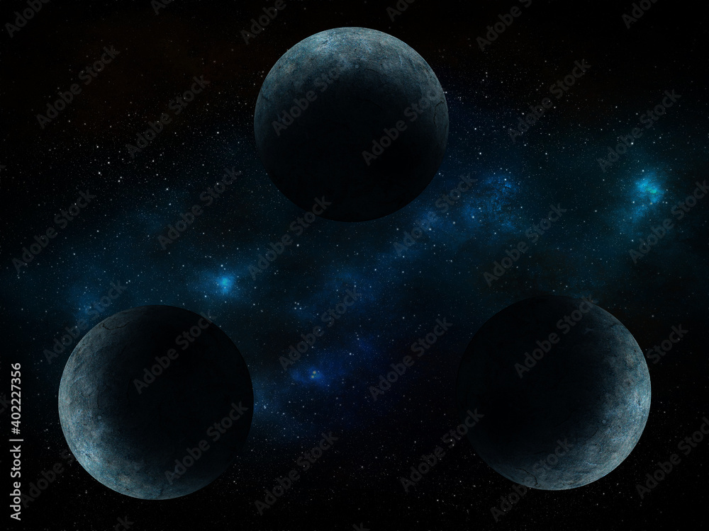 Wall mural three planets in the universe collected into triangle on the galaxy background with bright nebula