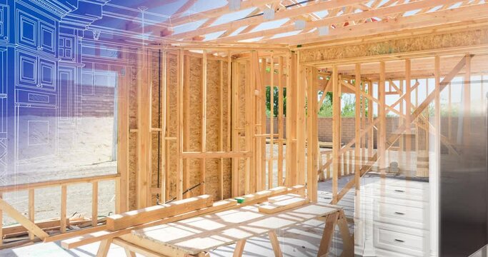 4K Wood Custom Kitchen Blueprint Drawing Transitioning to Construction Framing to Completed Build.