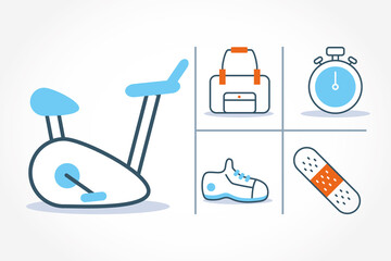 bike machine and healthy icon set, line style