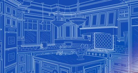 4K Wood Custom Kitchen Blueprint Drawing Transitioning to Construction Framing to Completed Build.