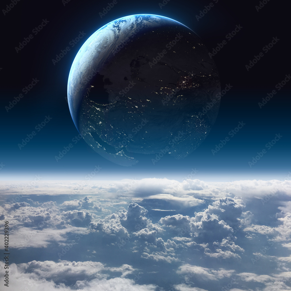 Wall mural earth orbiting another planet. view from the horizon with cloud and atmosphere. elements of this ima