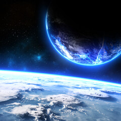 Large glowing blue planet on orbiting another exoplanet like a satellite. Elements of this image furnished by NASA